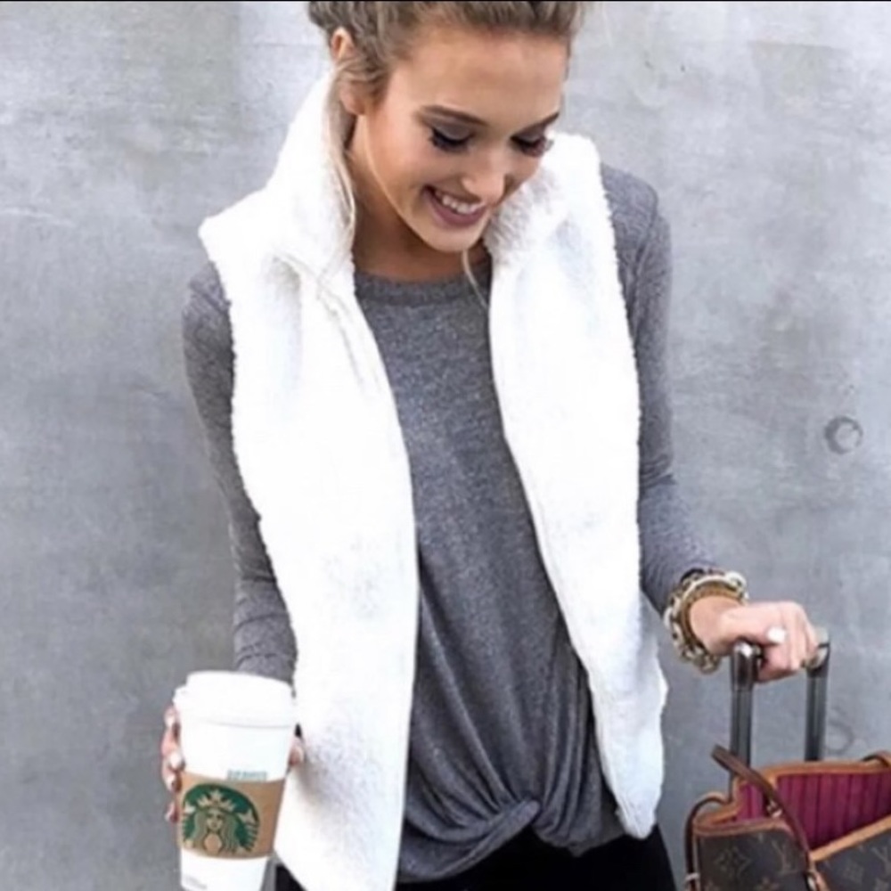 white vest plush warm zip jacket cardigan coat sleeveless